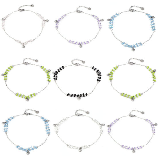 Picture of Stainless Steel & Glass Double Layer Handmade Link Chain Beaded Anklet Silver Tone Multicolor Heart 25cm(9 7/8") long