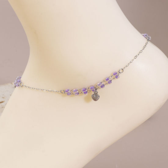 Picture of Stainless Steel & Glass Double Layer Handmade Link Chain Beaded Anklet Silver Tone Multicolor Heart 25cm(9 7/8") long