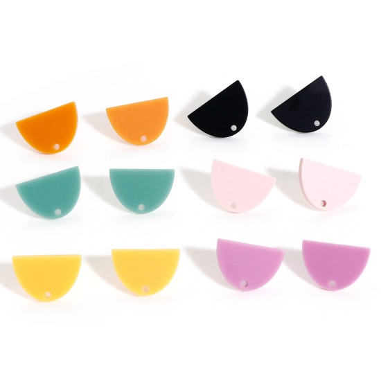 Picture of Acrylic Ear Post Stud Earring With Loop Connector Accessories Findings Half Ellipse Multicolor Frosted 19mm x 13mm