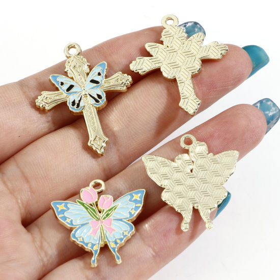 Picture of Zinc Based Alloy Charms Light Golden Multicolor Butterfly Animal Enamel