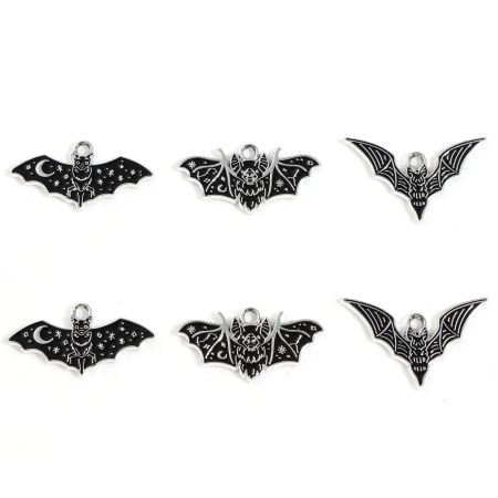 Picture of Zinc Based Alloy Charms Silver Tone Black Halloween Bat Animal Enamel