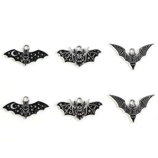 Picture of Zinc Based Alloy Charms Silver Tone Black Halloween Bat Animal Enamel