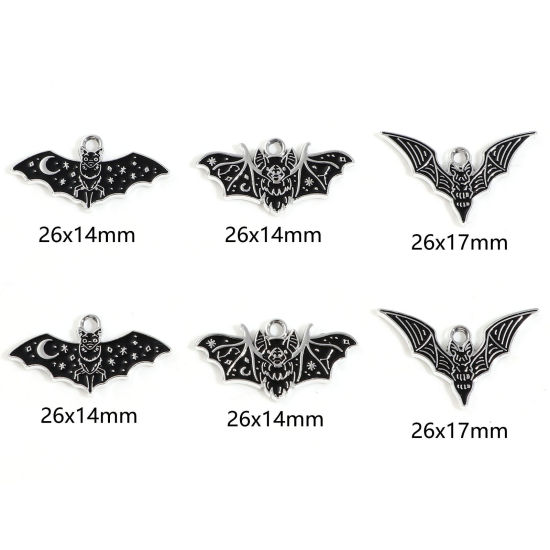 Picture of Zinc Based Alloy Charms Silver Tone Black Halloween Bat Animal Enamel