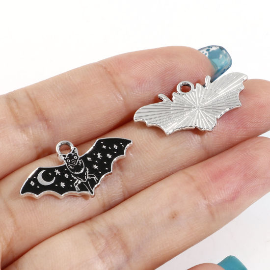 Picture of Zinc Based Alloy Charms Silver Tone Black Halloween Bat Animal Enamel