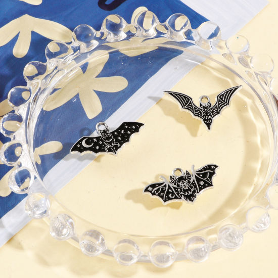 Picture of Zinc Based Alloy Charms Silver Tone Black Halloween Bat Animal Enamel