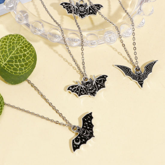 Picture of Zinc Based Alloy Charms Silver Tone Black Halloween Bat Animal Enamel