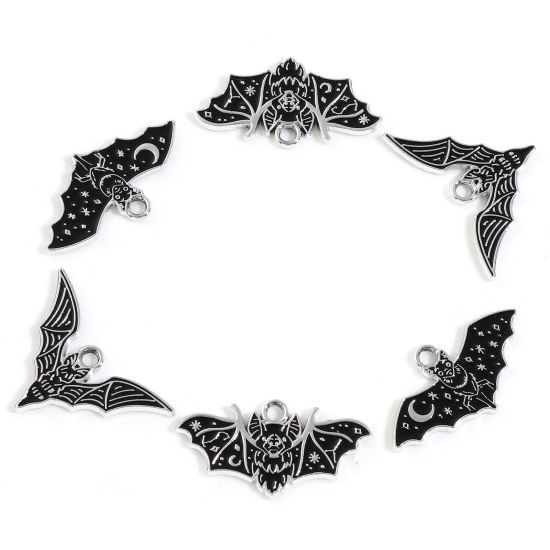 Picture of Zinc Based Alloy Charms Silver Tone Black Halloween Bat Animal Enamel