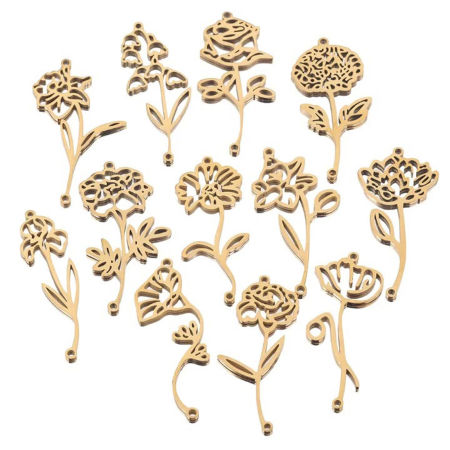 Image de Connecteurs Pendentifs Breloques en 304 Acier Inoxydable Fleur de Mois de Naissance 2 Pcs