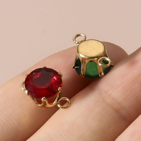 Picture of 2 PCs Vacuum Plating 304 Stainless Steel & Cubic Zirconia Connectors Charms Pendants 18K Gold Plated Round 12mm x 8mm