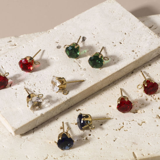 Immagine di 2 Pz 304 Acciaio Inossidabile & Zircone Cubico Orecchino a Bottone per Orecchio con Accessori per Connettori ad Anello Tondo Placcato Oro 18K Multicolore 11mm x 8mm, Posta/Filo Dimensione: (21 misura)