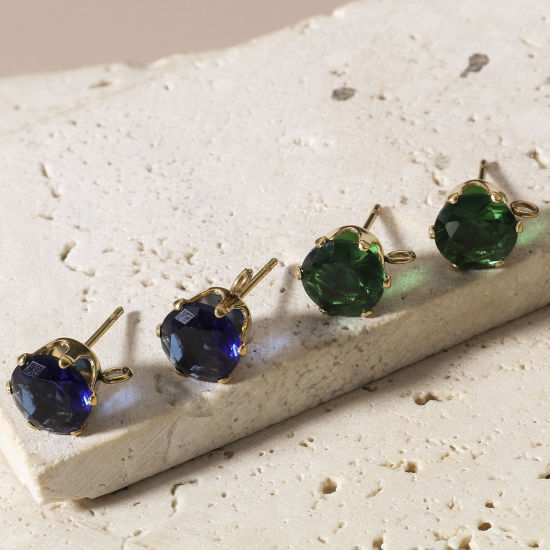 Immagine di 2 Pz 304 Acciaio Inossidabile & Zircone Cubico Orecchino a Bottone per Orecchio con Accessori per Connettori ad Anello Tondo Placcato Oro 18K Multicolore 11mm x 8mm, Posta/Filo Dimensione: (21 misura)