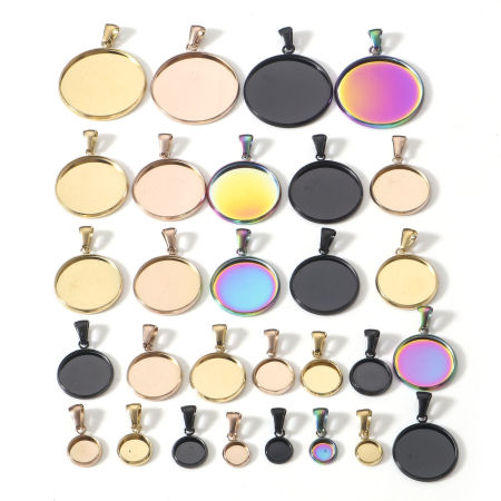 Vacuum Plating 304 Stainless Steel Charm Pendant Round Disc Cabochon Settings