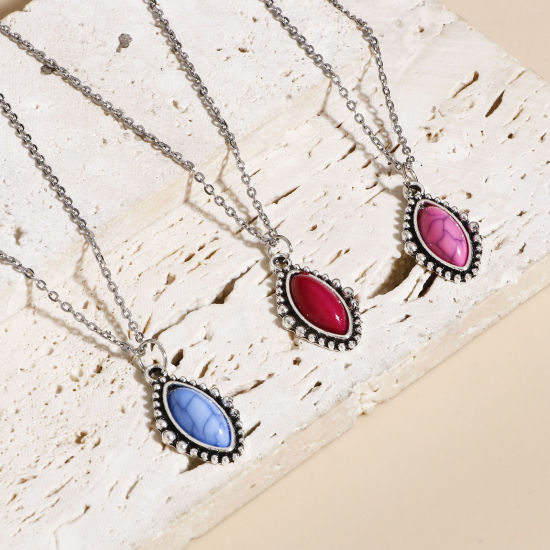 Picture of Zinc Based Alloy Boho Chic Bohemia Charms Antique Silver Color Multicolor Marquise With Resin Cabochons Imitation Turquoise 23mm x 14mm