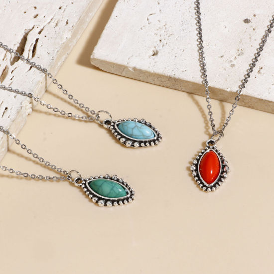 Picture of Zinc Based Alloy Boho Chic Bohemia Charms Antique Silver Color Multicolor Marquise With Resin Cabochons Imitation Turquoise 23mm x 14mm