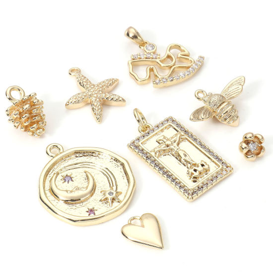 Picture of Brass Charms 18K Real Gold Plated 3D Clear Cubic Zirconia                                                                                                                                                                                                     