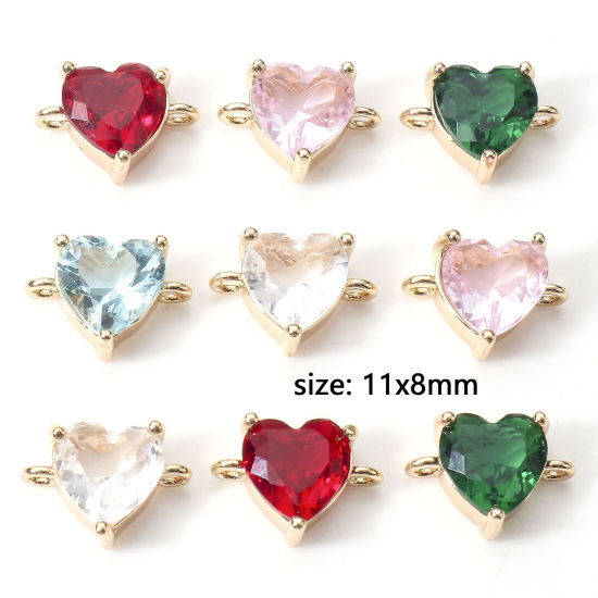 Picture of Brass Valentine's Day Connectors Charms Pendants Heart 18K Real Gold Plated Multicolour Cubic Zirconia 11mm x 8mm                                                                                                                                             