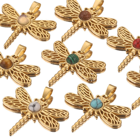 Изображение 304 Нержавеющая Сталь & Полудрагоценный Камень Подвески Стрекоза ажурная резьба 35мм x 38мм, 1 ШТ