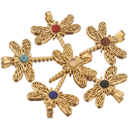 Изображение 304 Нержавеющая Сталь & Полудрагоценный Камень Подвески Стрекоза ажурная резьба 35мм x 38мм, 1 ШТ