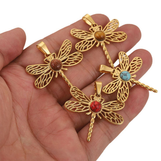 Изображение 304 Нержавеющая Сталь & Полудрагоценный Камень Подвески Стрекоза ажурная резьба 35мм x 38мм, 1 ШТ