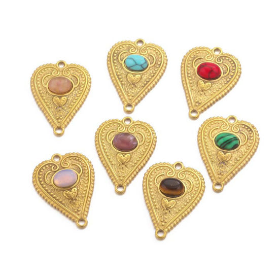 Immagine di 304 Acciaio Inossidabile & Gemma Pendenti Charms Connettori Cuore Placcato Oro 18K Multicolore 29mm x 21mm, 1 Pz