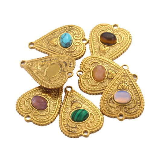 Immagine di 304 Acciaio Inossidabile & Gemma Pendenti Charms Connettori Cuore Placcato Oro 18K Multicolore 29mm x 21mm, 1 Pz