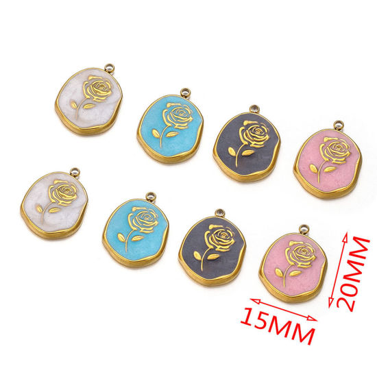 Изображение 304 Нержавеющая Сталь Подвески Овальные 18K позолоченный Роза С Эмалью 15мм x 20мм, 2 ШТ