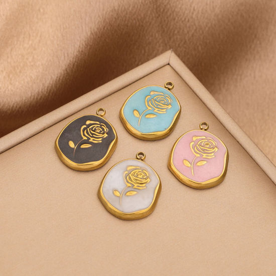 Изображение 304 Нержавеющая Сталь Подвески Овальные 18K позолоченный Роза С Эмалью 15мм x 20мм, 2 ШТ