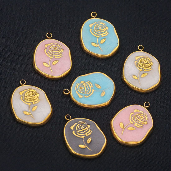 Изображение 304 Нержавеющая Сталь Подвески Овальные 18K позолоченный Роза С Эмалью 15мм x 20мм, 2 ШТ