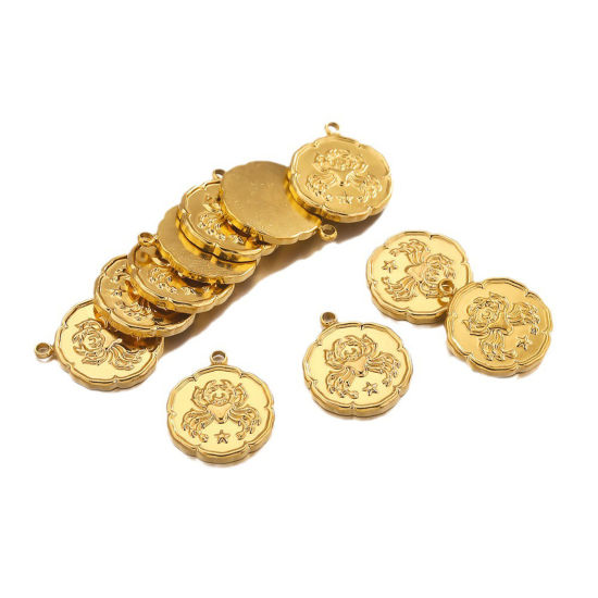 Image de Breloques en 304 Acier Inoxydable Rond Plaqué Or 18K Constellation 16mm x 19.5mm , 2 Pcs