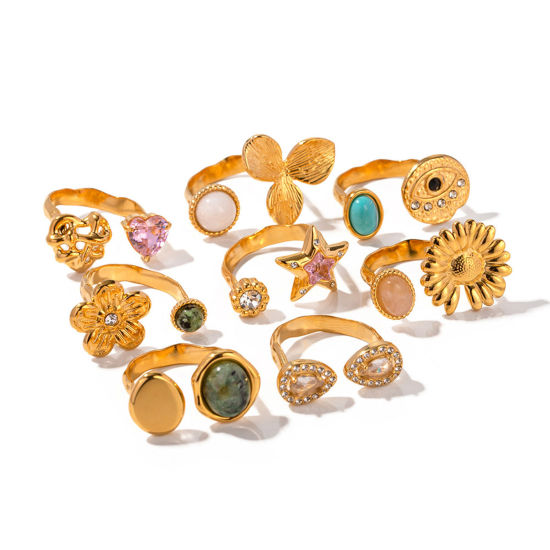 Imagen de Enchapado al Vacío Ecológico Elegante Retro 18K Oro Real Chapado 304 Acero Inoxidable Abierto Ronda Flor Anillos Para Mujeres Aniversario 1 Unidad