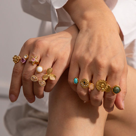 Imagen de Enchapado al Vacío Ecológico Elegante Retro 18K Oro Real Chapado 304 Acero Inoxidable Abierto Ronda Flor Anillos Para Mujeres Aniversario 1 Unidad