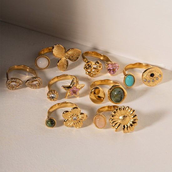 Imagen de Enchapado al Vacío Ecológico Elegante Retro 18K Oro Real Chapado 304 Acero Inoxidable Abierto Ronda Flor Anillos Para Mujeres Aniversario 1 Unidad