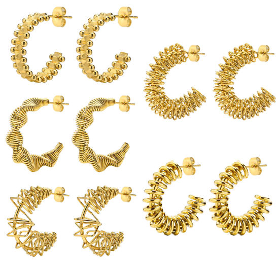 Bild von Umweltfreundliche Vakuumbeschichtung Minimalistisch Stilvoll 18K Echtgold plattiert 304 Edelstahl C-Form Webart Texturiert Hoop Ohrringe Für Frauen Party 1 Paar