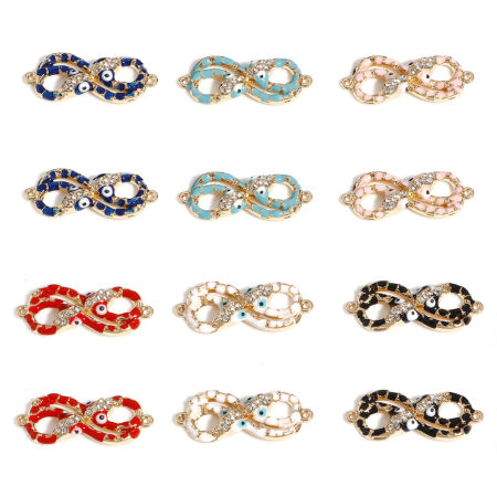 Connecteurs Pendentifs Breloques Religieux en Alliage de Zinc Doré Multicolore Symbole"Infini" Œil Mauvais Émail 3.3cm x 1.3cm, 5 Pcs