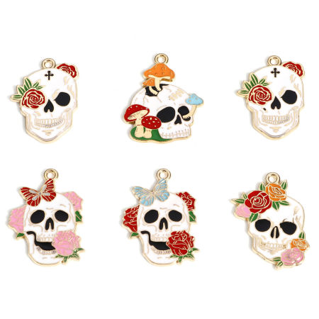 Zinc Based Alloy Halloween Pendants Gold Plated Multicolor Skull Flower Enamel