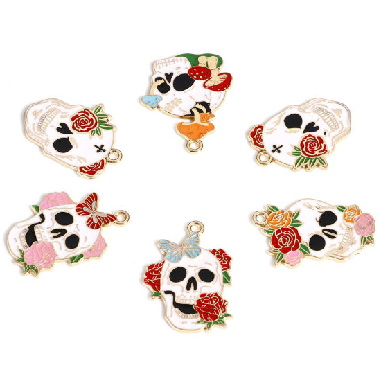 Immagine di Lega di Zinco Halloween Ciondoli Oro Placcato Multicolore Cranio Fiore Smalto 10 Pz