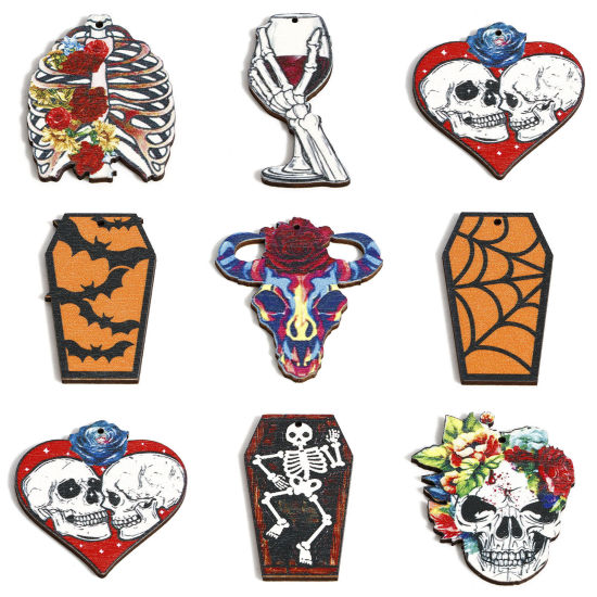 Immagine di Legno Halloween Ciondoli Multicolore Scheletro Halloween Pipistrello 10 Pz