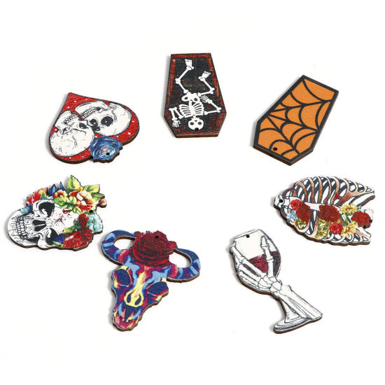 Immagine di Legno Halloween Ciondoli Multicolore Scheletro Halloween Pipistrello 10 Pz