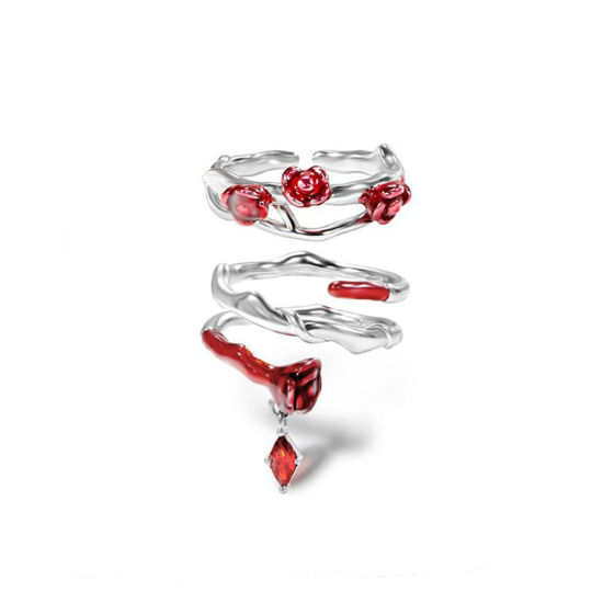 Изображение Латунь Y2K Открытый Кольца Форма шипов Сердце Матовое Серебро Красный Искусственный Драгоценный Камень 1 ШТ                                                                                                                                                   