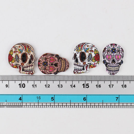 Picture of Wood Halloween Sewing Buttons Scrapbooking 2 Holes Sugar Skull At Random Mixed Color 2.5cm x 1.8cm