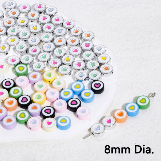 Bild von Zinklegierung Valentinstag Zwischenperlen Spacer Perlen für die Herstellung von DIY-Charme-Schmuck Zufällig gemischte Farben Rund Herz Emaille ca. 8mm D., Loch:ca. 1mm, 10 Stück