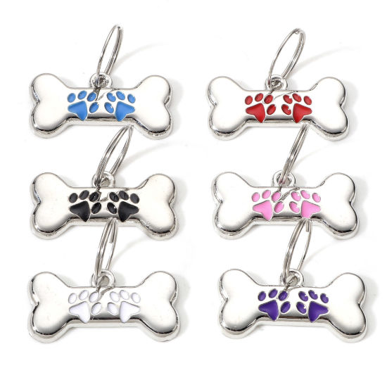 Picture of Zinc Based Alloy Pet Memorial Charms Pet Dog Cat Tag Silver Tone Multicolor Bone Paw Print Enamel 3cm x 1.5cm