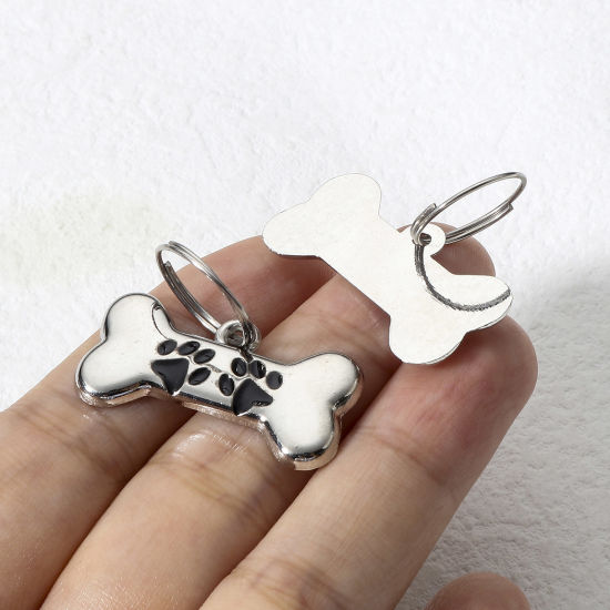 Picture of Zinc Based Alloy Pet Memorial Charms Pet Dog Cat Tag Silver Tone Multicolor Bone Paw Print Enamel 3cm x 1.5cm