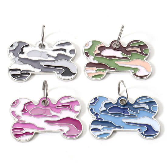 Picture of Zinc Based Alloy Pet Memorial Pendants Pet Dog Cat Tag Silver Tone Bone Camouflage Enamel 4cm x 2.6cm