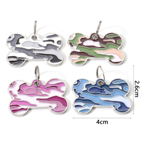 Picture of Zinc Based Alloy Pet Memorial Pendants Pet Dog Cat Tag Silver Tone Bone Camouflage Enamel 4cm x 2.6cm