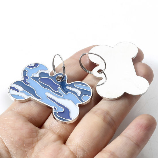 Picture of Zinc Based Alloy Pet Memorial Pendants Pet Dog Cat Tag Silver Tone Bone Camouflage Enamel 4cm x 2.6cm