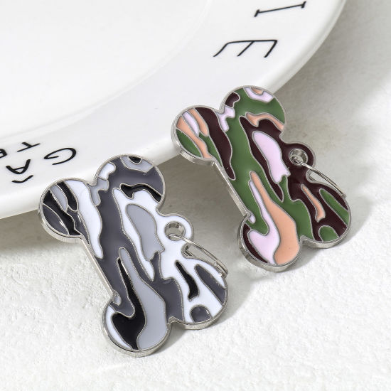 Picture of Zinc Based Alloy Pet Memorial Pendants Pet Dog Cat Tag Silver Tone Bone Camouflage Enamel 4cm x 2.6cm