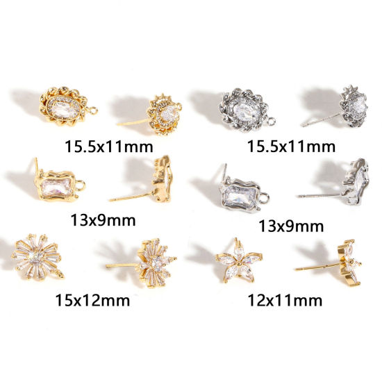 Image de Boucles d'Oreilles Puces en Laiton Multicolore Fleur avec Boucle à Zirconia Cubique Clair 2 Pcs