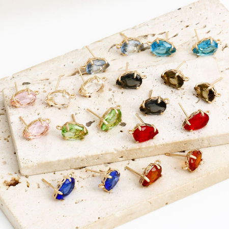 Boucles d'Oreilles Puces en Laiton+Verre Doré Multicolore Goutte d'Eau avec Boucle 14mm x 8mm, Epaisseur de Fil: (20 gauge), 2 Pcs