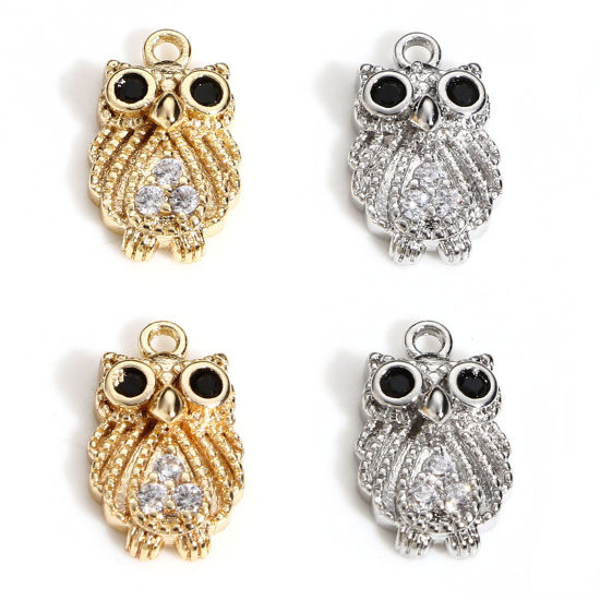 Immagine di Ottone Halloween Charms Gufo Vero Oro Placcato Micro Spianare Trasparente & Nero Cubic Zirconiae 13mm x 8mm, 2 Pz